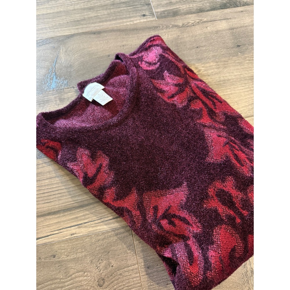 Chicos Burgundy Red Damask‎ Metallic Knit Sweater Size 3 XL Floral Pullover